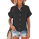 Lingjiazi Women's Cotton Linen Button Down Short Sleeve Shirt 2025 Summer Linen Tops Blouses with Pocket ﻿