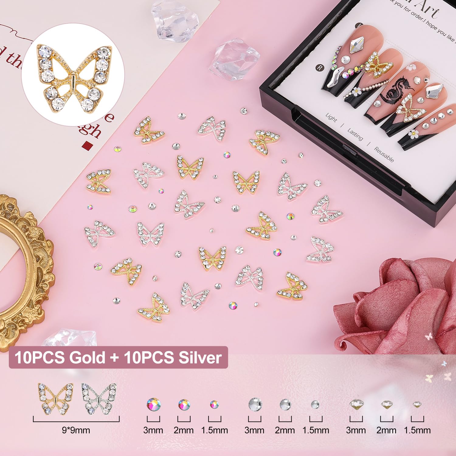 3D Nail Charms and Gems Set 7, 20PCS Chunky Butterfly Charms + 75PCS Coquette Nail Bows and Hearts + 3D Flowers for Nails with Rhinestones, Pearls, Diamonds and Picker Tools for Y2K Nail Decor - Image 3