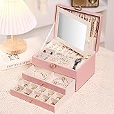 Emazerom 3 Layer Jewelry Boxes Large Jewelry Holder Organizer Case with 2 Jewelry Organizer Drawer PU Necklace Organizer Lockable Upgrade Mirror Gifts for Women, Pink