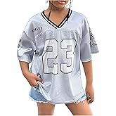 Floerns Girl's Number Jersey Print Shirts V Neck Short Sleeve Oversized Tee Tops