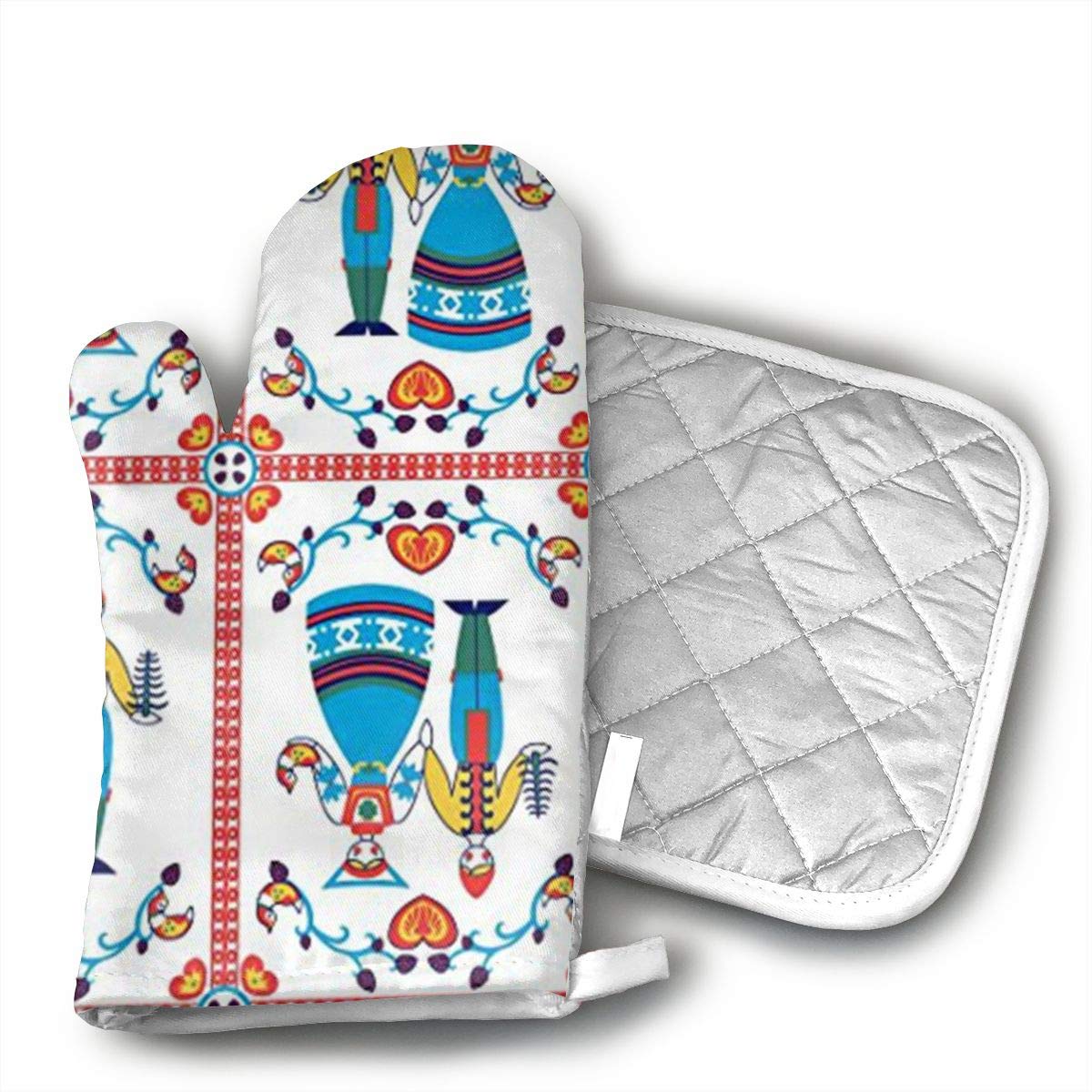 Scandinavian Love Oven Mitts And BBQ Gloves Pot Holders, Heat Resistant Mitts For Finger Hand Wrist Protection With Inner Lining, Kitchen Gloves For Grilling Machine Baking Grilling With Non-Slip