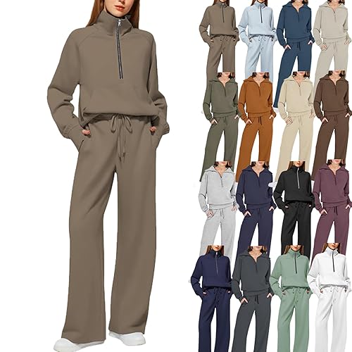 sports+and+outdoors Tracksuit Womens Full Set Women Activewear Fashion 2 Piece Outfits Quarter Zip Sweatshirt Wide Leg Tracksuit Gym Clothes Lounge Wear Outfits Winter Clothing (a-Coffee, M)