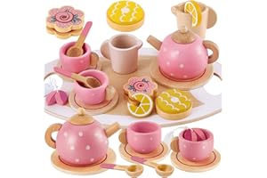 BUYGER Kids Wooden Tea Party Set for Little Girls Toddler Pretend Play Food Kitchen Accessories Princess Birthday Gifts for Ages 3 4 5 Years Old