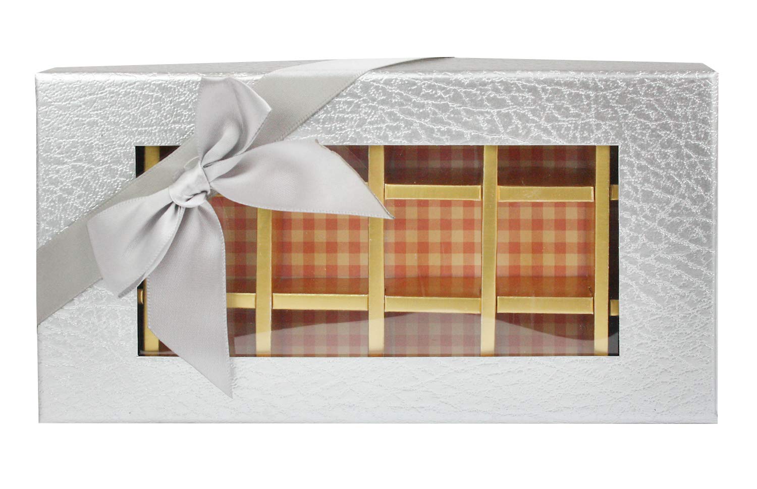 Emartbuy Rigid Luxury Rectangle Shaped Presentation 18 Compartments Truffle Chocolate Gift Box, Silver Metallic, Window Lid, Removable Inner Partition and Silver Satin Bow