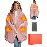 Moteoza Heated Blanket Battery Operated with Fleece Lining 7.4V 16000mAh Battery 62" x 35" Heated Shawl Wraps for Women Men Cordless USB Outdoor Portable Electric Blanket 6 Heating Zones Rose