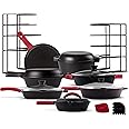 Cuisinel Cast Iron 24-Pc Cookware Set - 8" Skillet + Cast Iron Lid + 12"+Lid + 10" Braiser with Lid + Grill Pan + Lid + Griddle + 5-Qt Dutch Oven + Multi-Cooker + 12"+15" Pan Rack + Scraper + Handles