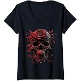 Womens Floral Sugar Skull V-Neck T-Shirt