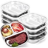 Jinei 8 Pack Stainless Steel Kids Plates Metal Toddler Plate with Lids Portion Control Plate with 3-compartment, Non Toxic Unbreakable Divided Food Tray for Camping, Lunch and Dinner(Clear)