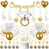 Sparkly Gold Engagement Decorations - Engaged Banner, Cake Decorations, Confetti, Ring Balloons for Wedding Party Decor