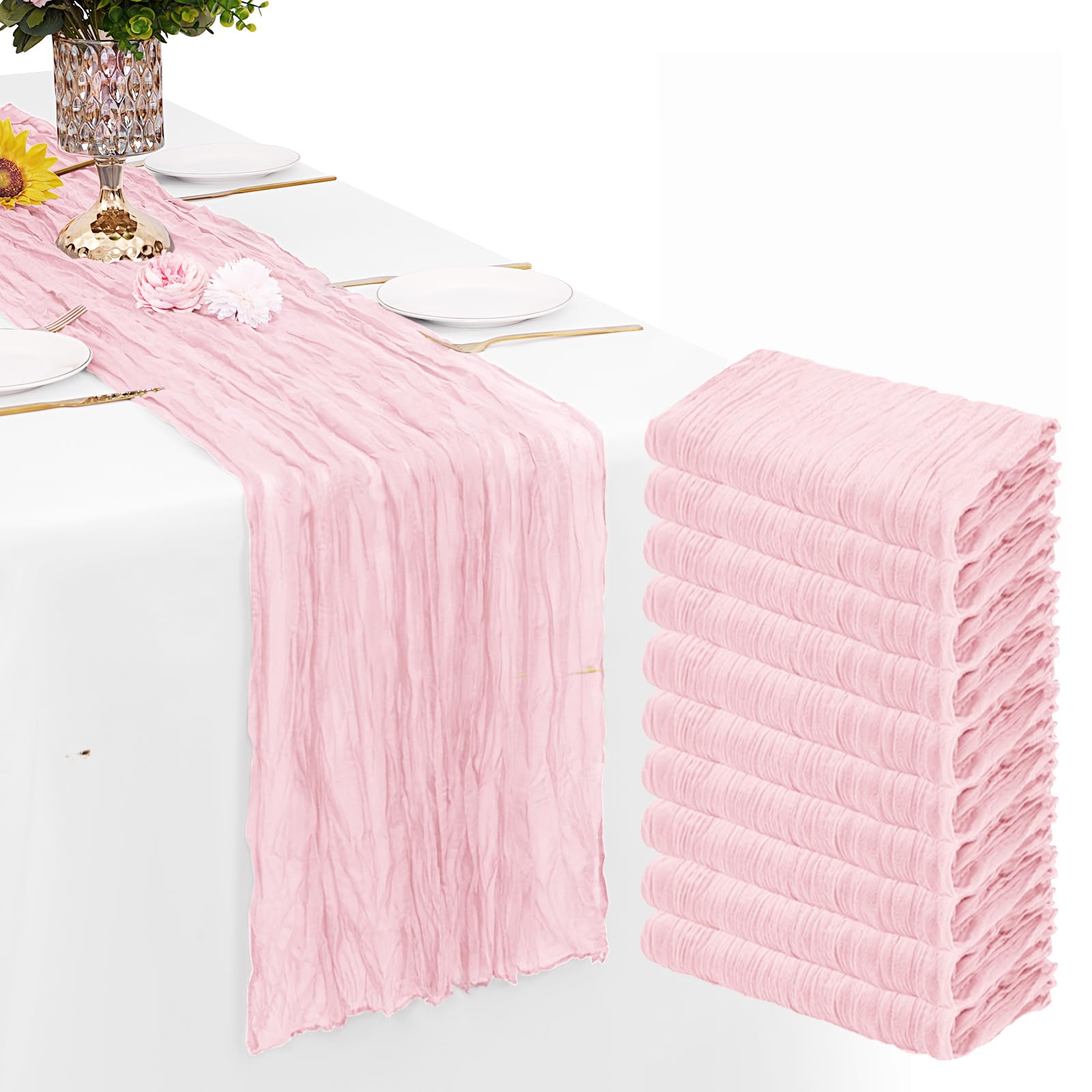 Photo 1 of 10 Pack Light Pink Cheesecloth Table Runner Gauze Rustic Sheer 35 x 70 inch Pink Cheese Cloth Table Runners for Wedding Party Bridal Shower Decor