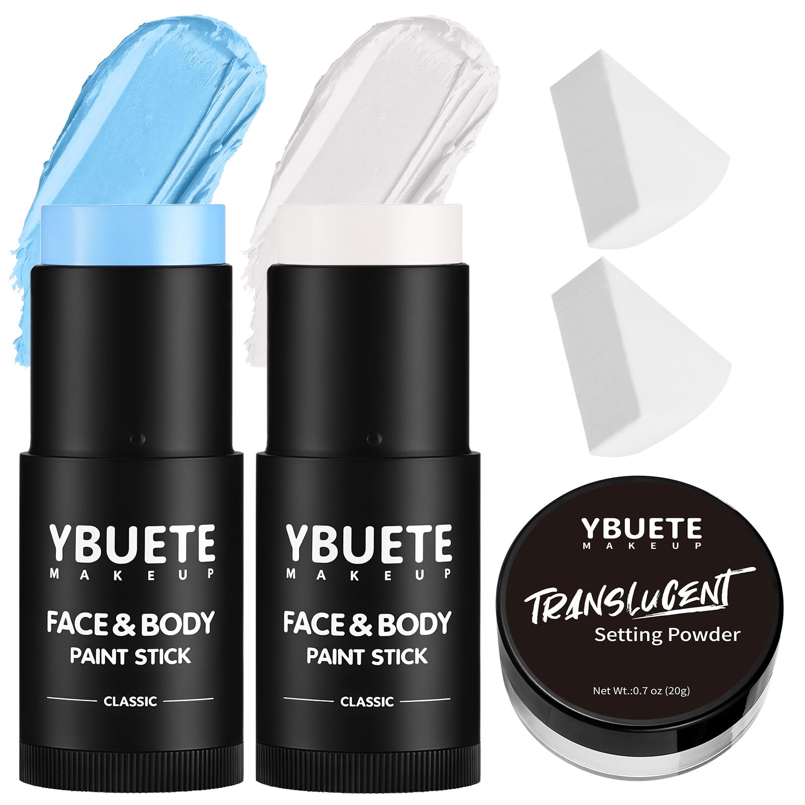 Photo 1 of YBUETE White Light Blue Face Body Paint Stick Set with Translucent Setting Powder and Sponges, Professional Full Coverage Face Painting for Adults Halloween Cosplay SFX Avatar Corpse Bride Makeup