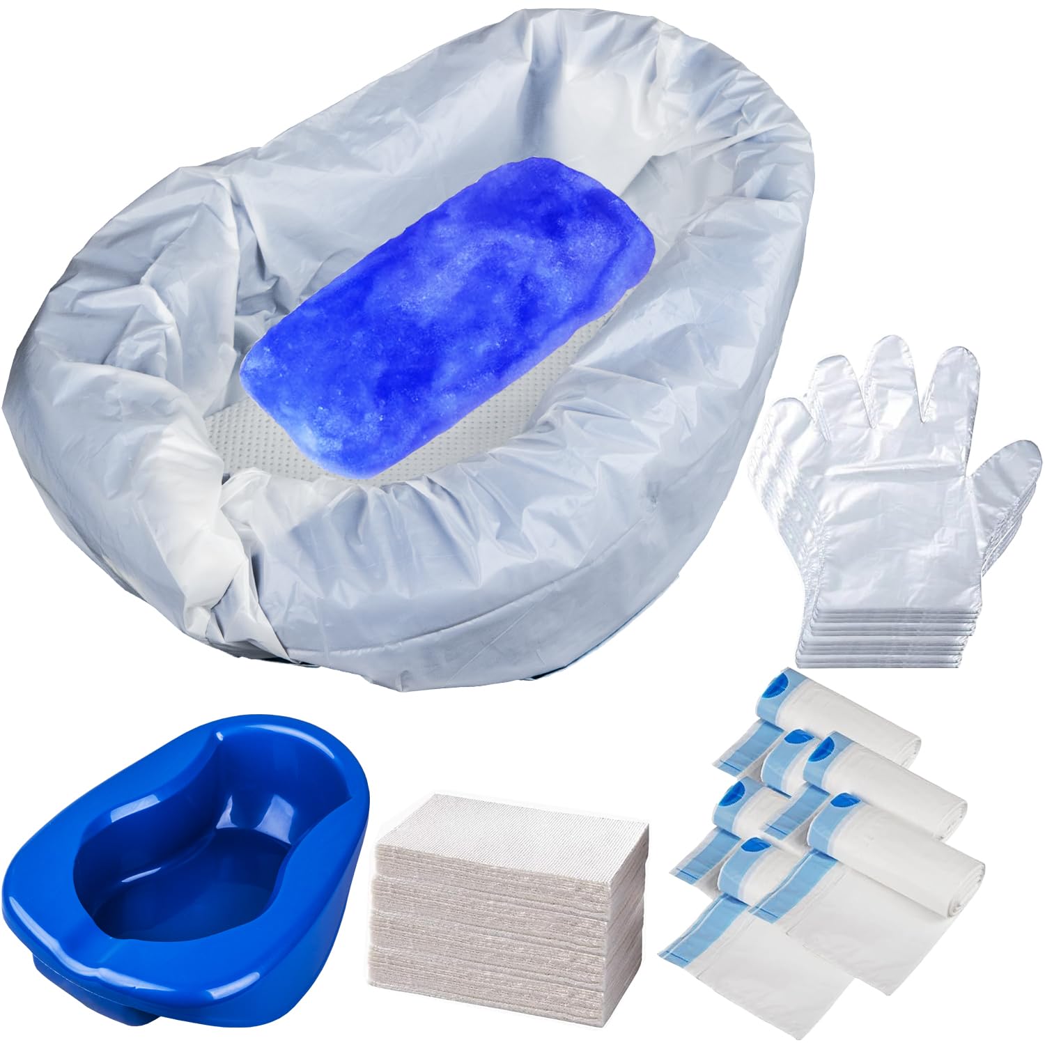 Photo 1 of Bed Pan Set with Heavy-Duty Bedpan, 45 Disposable Liners, 45 Absorbent Pads & 100 Gloves - Pack 45 Count, Bedpan for Men,Women Females, Bedpan Kit for Elderly, Bedridden, Post-Op Home & Hospital Care