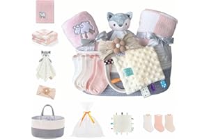 CREVENT Set for Girls -Diaper Caddy Organizer Basket with 2 Blankets, 1 Taggie, 1 Lovey, 3 Socks，1 Headband，1 Gift Bag with Ribbon - Newborn Essential Gift Set (Pink)