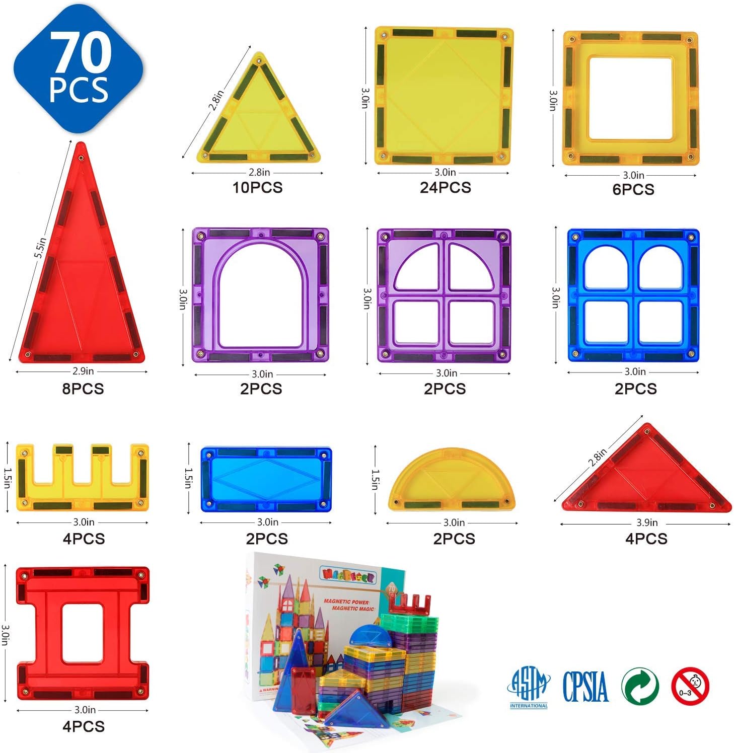 Magnetic Blocks - Magnetic Toys for Toddlers Kids Magnetic Building Blocks Preschool Magnet Set Magnetic Stem Toys 70 Pieces: Toys & Games