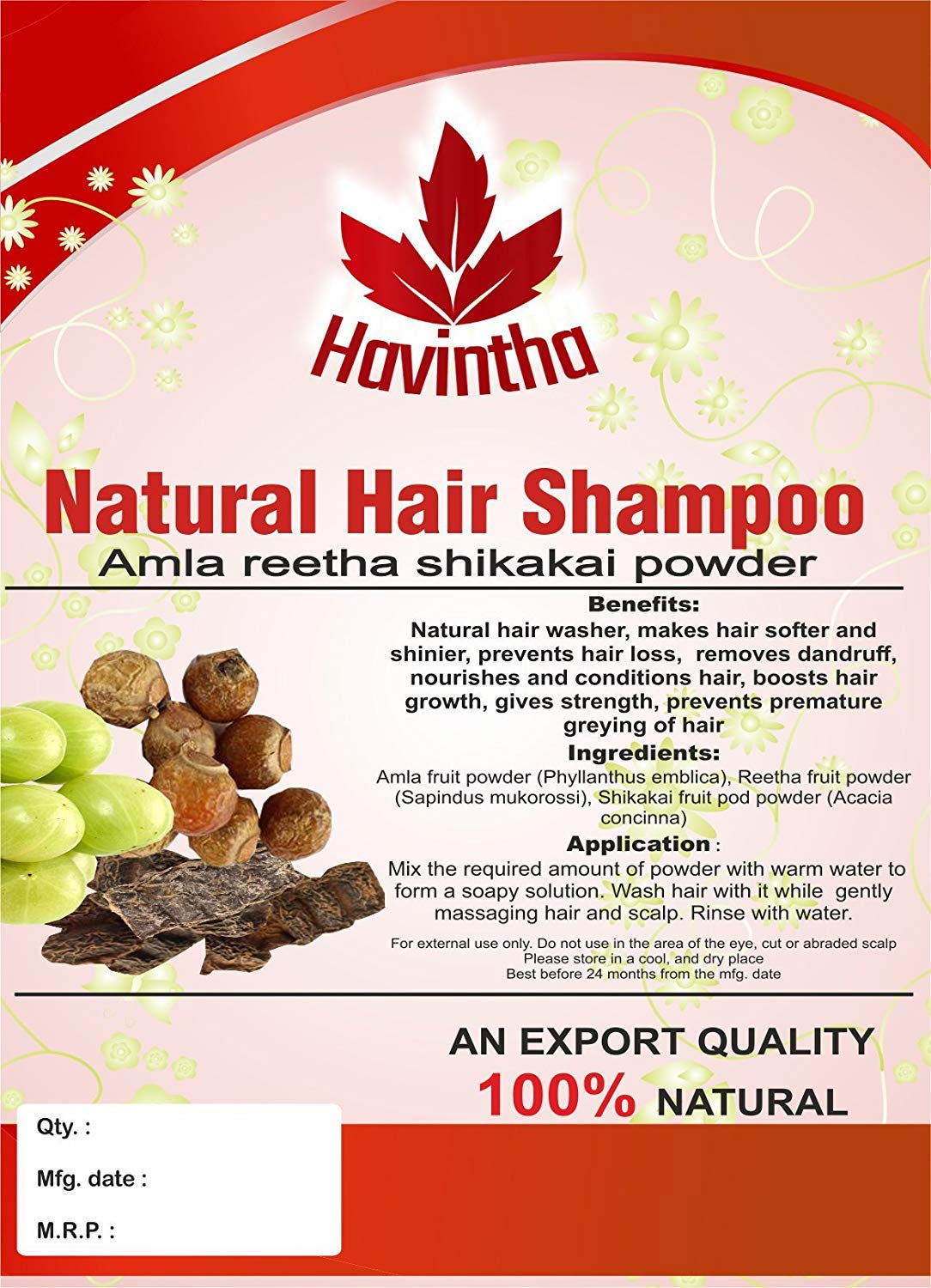 Havintha Natural Hair Shampoo with Amla, Reetha and Shikakai Powder