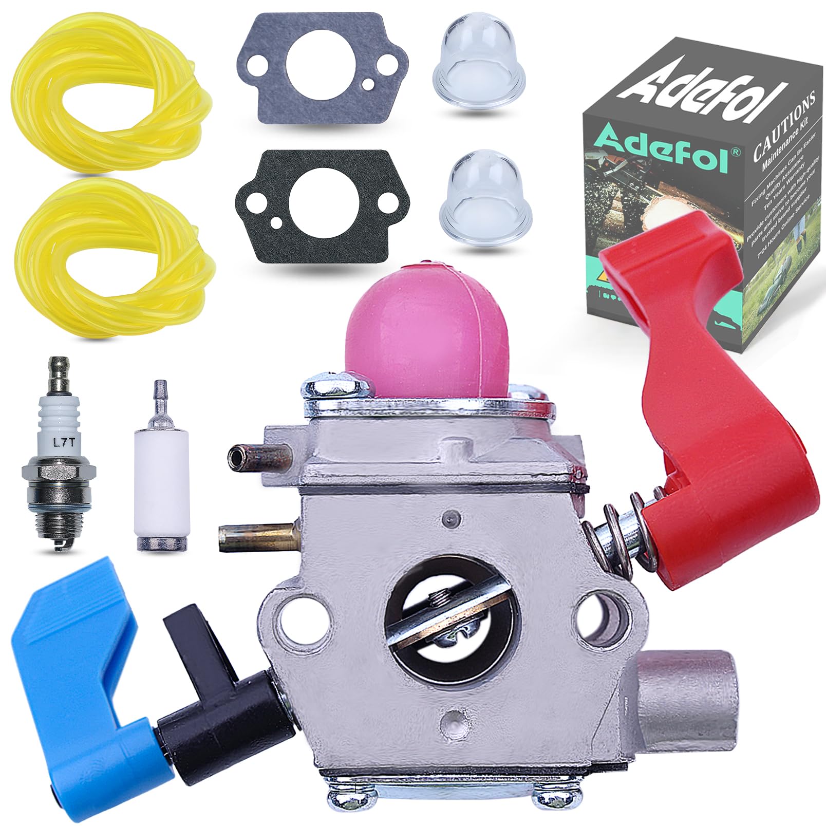 Adefol Carburetor gasket Fuel Filter Line spark plug for WT-606 WT-784 C1Q-W11G Poulan Weed Eater Craftsman B1750 B1750LE BV1650 BV1800 BV1800LE Leaf Blower 530071775, 530071632