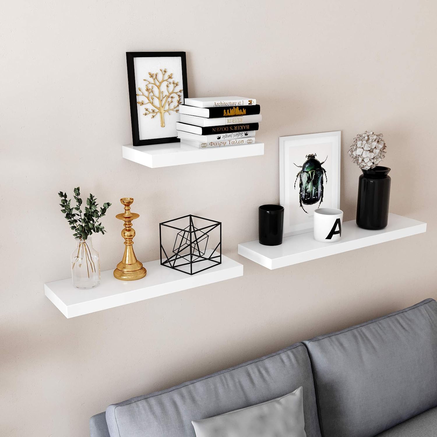 VASAGLE Floating Shelf Set of 2, Wall Shelf 23.6 Inch, Hanging Shelves Wall Mounted, for Photos, Decorations, MDF, White ULWS26WT-2: Furniture & Decor