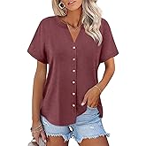 TICTICMISS Womens Short Sleeve Button Down Tops Dressy Casual V Neck Summer Shirts Trendy Tees