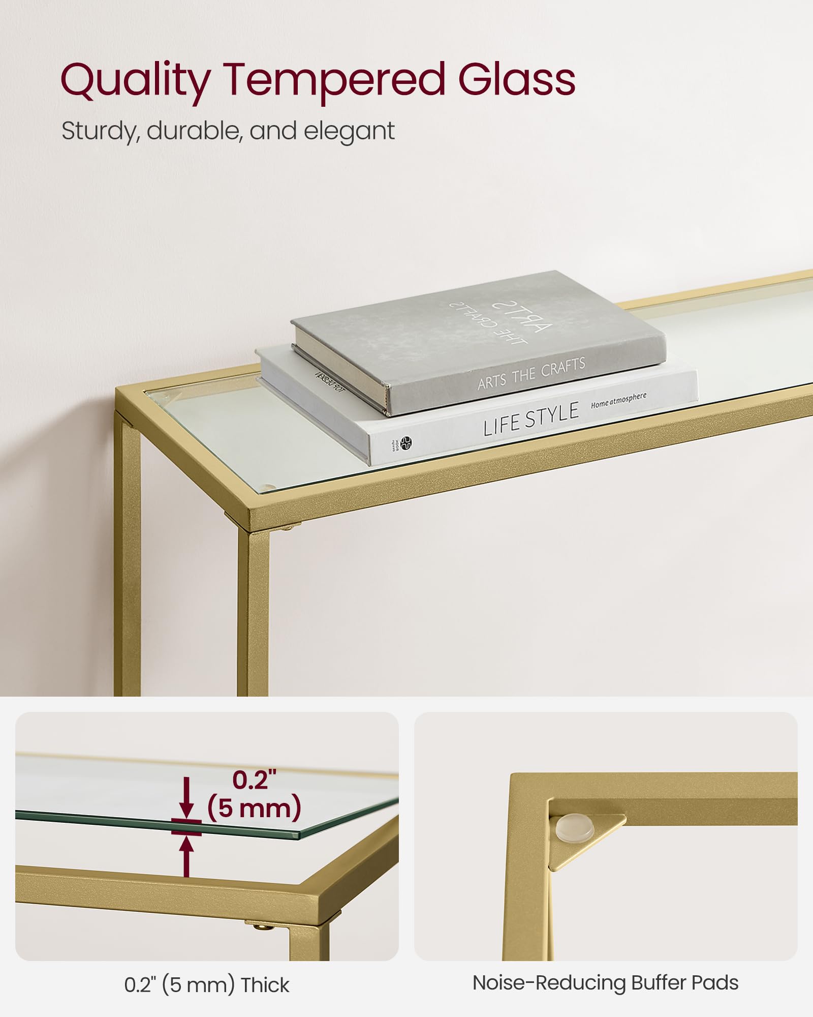 VASAGLE Entryway Table, Console Table, Tempered Glass Tabletop, Modern Sofa Table, Easy Assembly, with Adjustable Feet, for Living Room, Entryway, Pale Gold and Transparent ULGT132A01