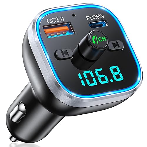 Mohard Bluetooth 5.3 Car Adapter, 54W [PD & QC 3.0] Quick Charging FM Bluetooth Transmitter Car Charger, Hands-Free Calling & 7 Colors LED Backlit, Wireless Car Audio Radio FM Transmitters, HiFi Music