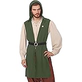 Koalswm Mens Renaissance Hooded Surcoat Medieval Knight Sleeveless with Brooch and Belt Tunic Tops Tabard Holloween Cloak