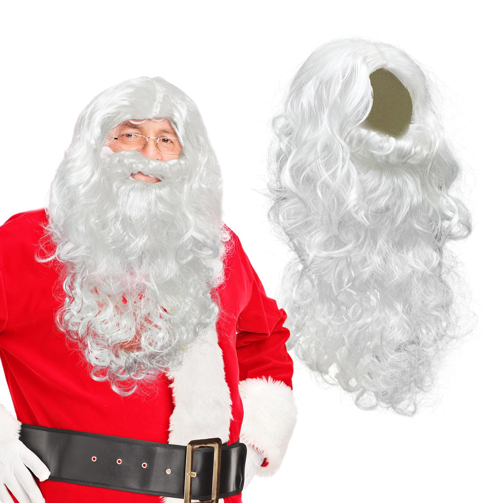 UILYNIU Long Curly White Wig Wizard Wigs Fake Beard for Men, Long Beard Party Wig Santa Claus Wigs for Adult Christmas Halloween Fancy Dress Accessory Theme Party Cosplays (White)