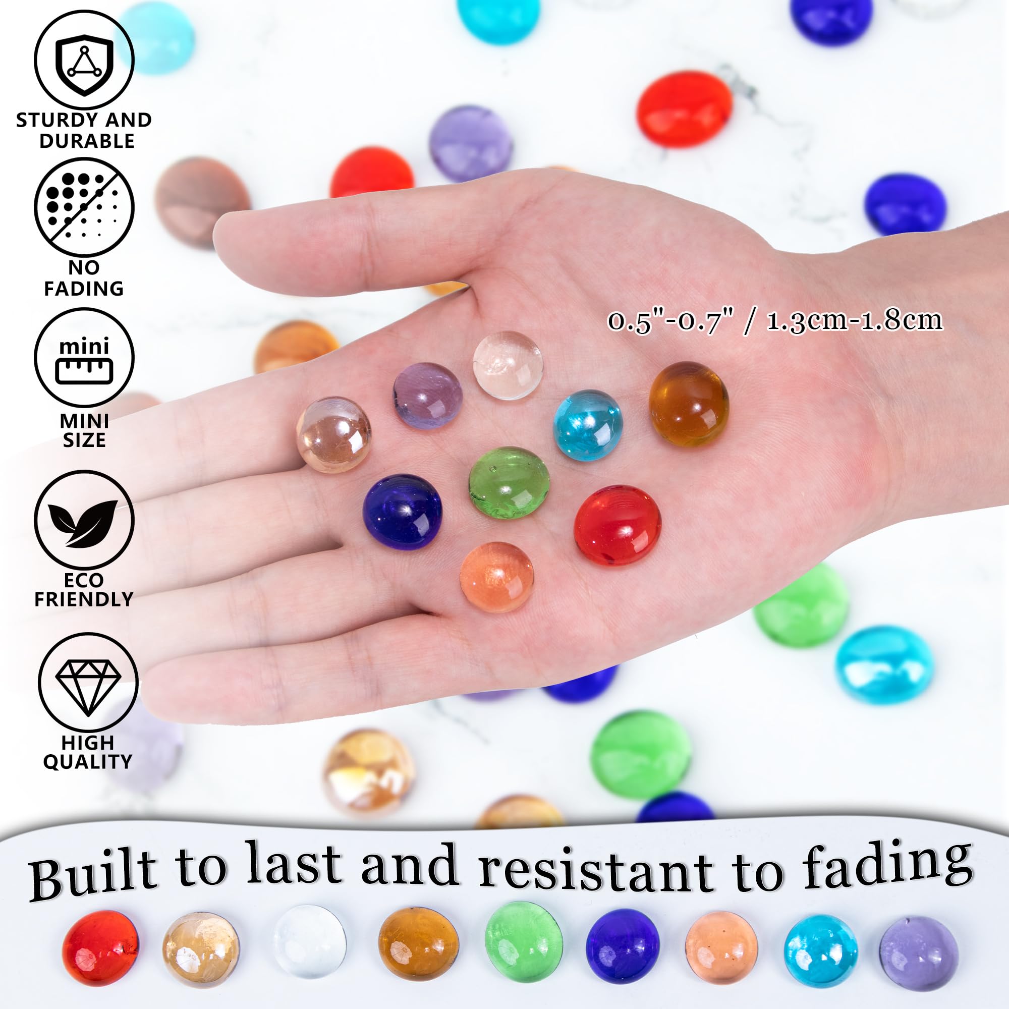 50PCS Mini Glass Gems,Mixed Colour Mancala Stones Flat Bottom Marble Beads for Home Decorative Art Craft Vase Filler(0.5