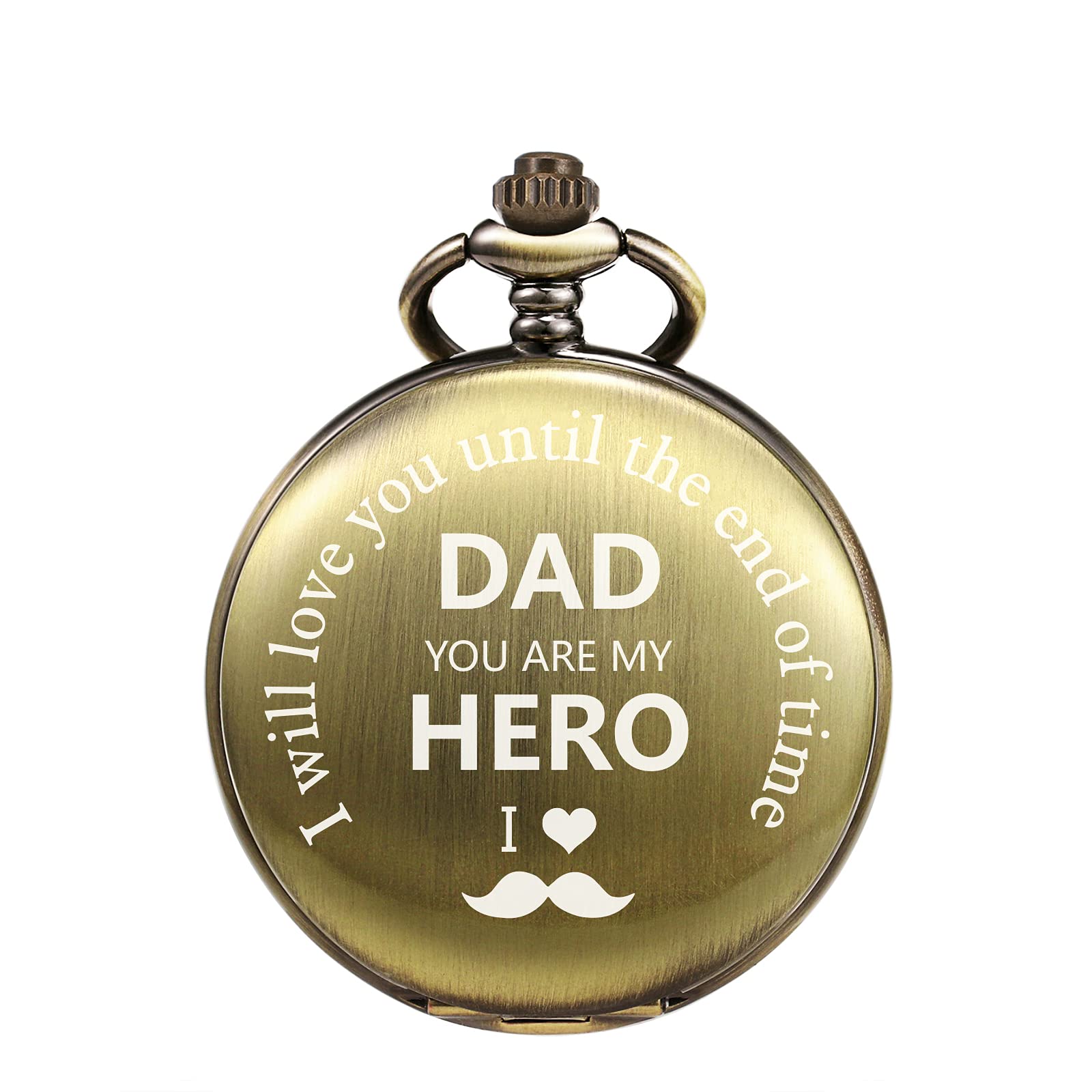 TREEWETO Mens Quartz Bronze Pocket Watch Engraved with Chain Gift Box for Dad Father Papa Valentines Father's Day Birthday