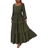 PRETTYGARDEN Fall Dresses for Women 2026 Long Sleeve Smocked Square Neck Swiss Dot Tiered Flowy Wedding Guest Maxi Dress