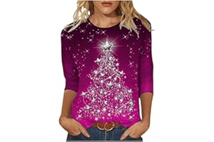 HNODOV Merry Christmas 3/4 Sleeve Tops for Women Cute Xmas Tree Tshirts Plus Size Crew Neck Blouse Soft Holiday Pullover Tees
