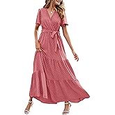 MASCOMODA Womens Summer Swiss Dot Maxi Dressses Wrap V Neck Flutter Short Sleeve Boho Casual Flowy Long Wedding Guest Dress
