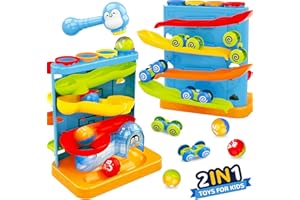 BAYSING Toddlers Toys for 1 2 3 Years Old Kids, 2 in 1 Pound A Ball Toy & Car Ramp Race Track Playset, Montessori Toys for 12-18 Months Baby, Fine Motor Skills Interactive Game, Birthday Gifts for Boys Girls