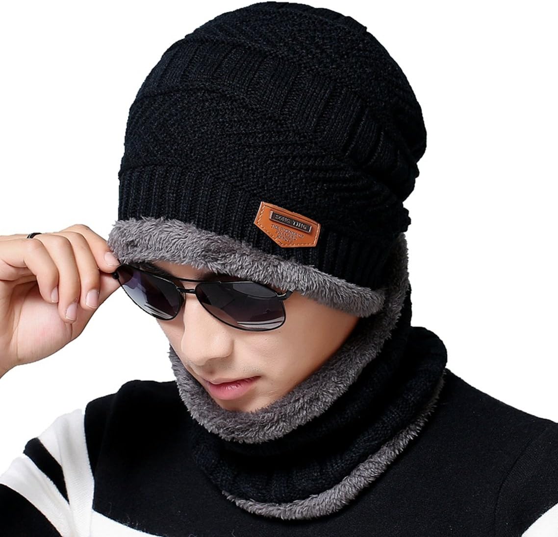 Sevetesco Men's Beanie Hat Scarf Set Knit Hat Warm Thick Winter Hat