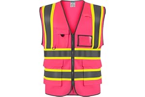 SHORFUNE High Visibility Safety Vest with Pockets, Mic Tab, Reflective Strips and Zipper, ANSI/ISEA Standards