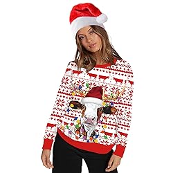 ALBIZIA Unisex Cow with Christmas Hat Print Crew