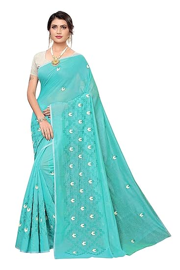 Womens Chanderi Cotton Blend Linen Embroided Style Saree with Blouse