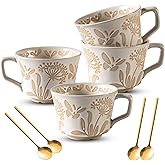 Noevany Coffee Mugs Set of 4 with Gold Spoon, 11 oz Porcelain Mug, Ceramic Tea Cups with Handle for Men Women, Hand-painted Mug, Birthday Housewarming Wedding Gift, Dishwasher Microwave Safe