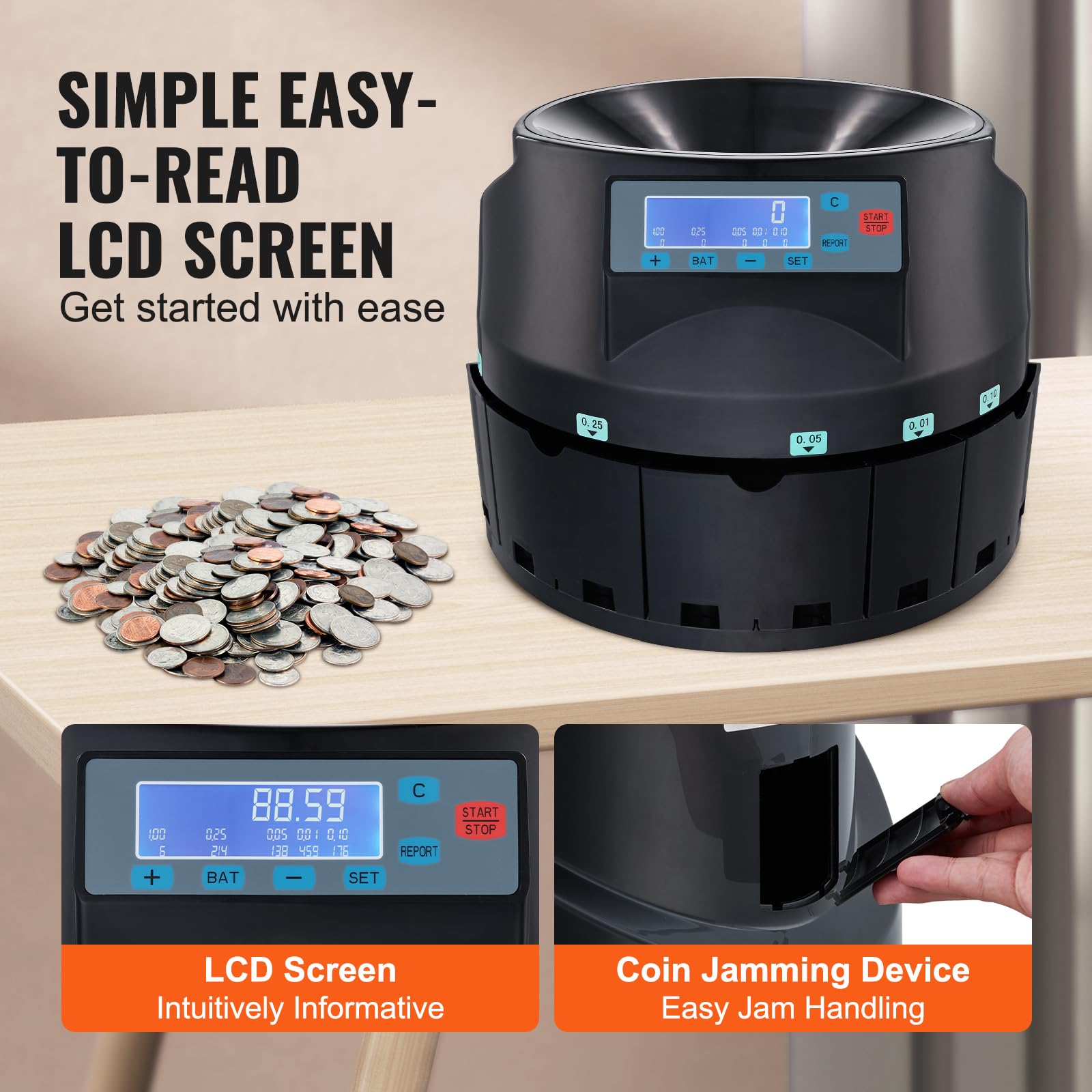 VEVOR USD Coin Counter & Coin Sorters with LCD Display, Coin Sorter Machine for USD Coin 1￠ 5￠ 10￠ 25￠ $1, Sorts up to 300 Coins/min, Change Counter Holds 2000 Coins Included 5 Coin Bins & 5 Tubes