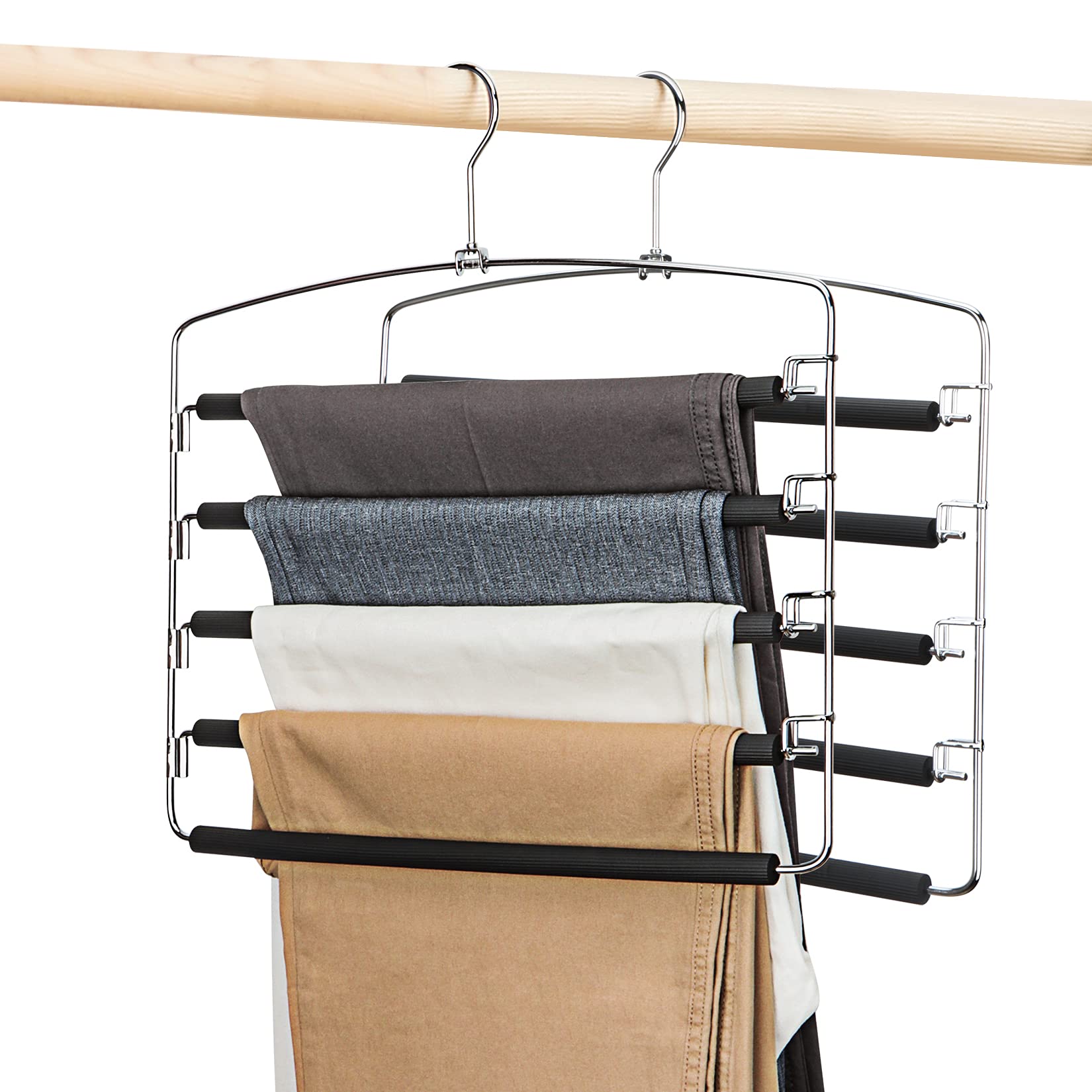 Trousers Hangers, 2 Pack Space Saving Multi-Bar Metal Pants Hanger with Non Slip Foam Padded Swing Arm, Closet Storage Organizer for Pants Jeans Scarf Trousers Ties - Black