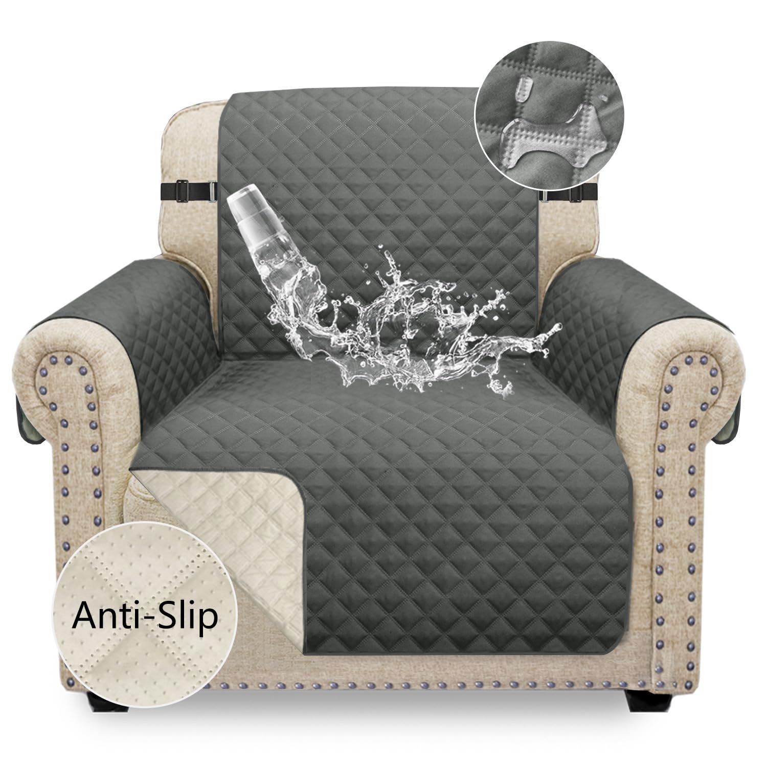 Granbest Waterproof Sofa Cover 1 Seater Non-Slip Armchair Cover with Elastic Straps, Washable Sofa Protector for Kids, Pets, Dogs, Cats Four Seasons Universal (1 Seater, Grey)