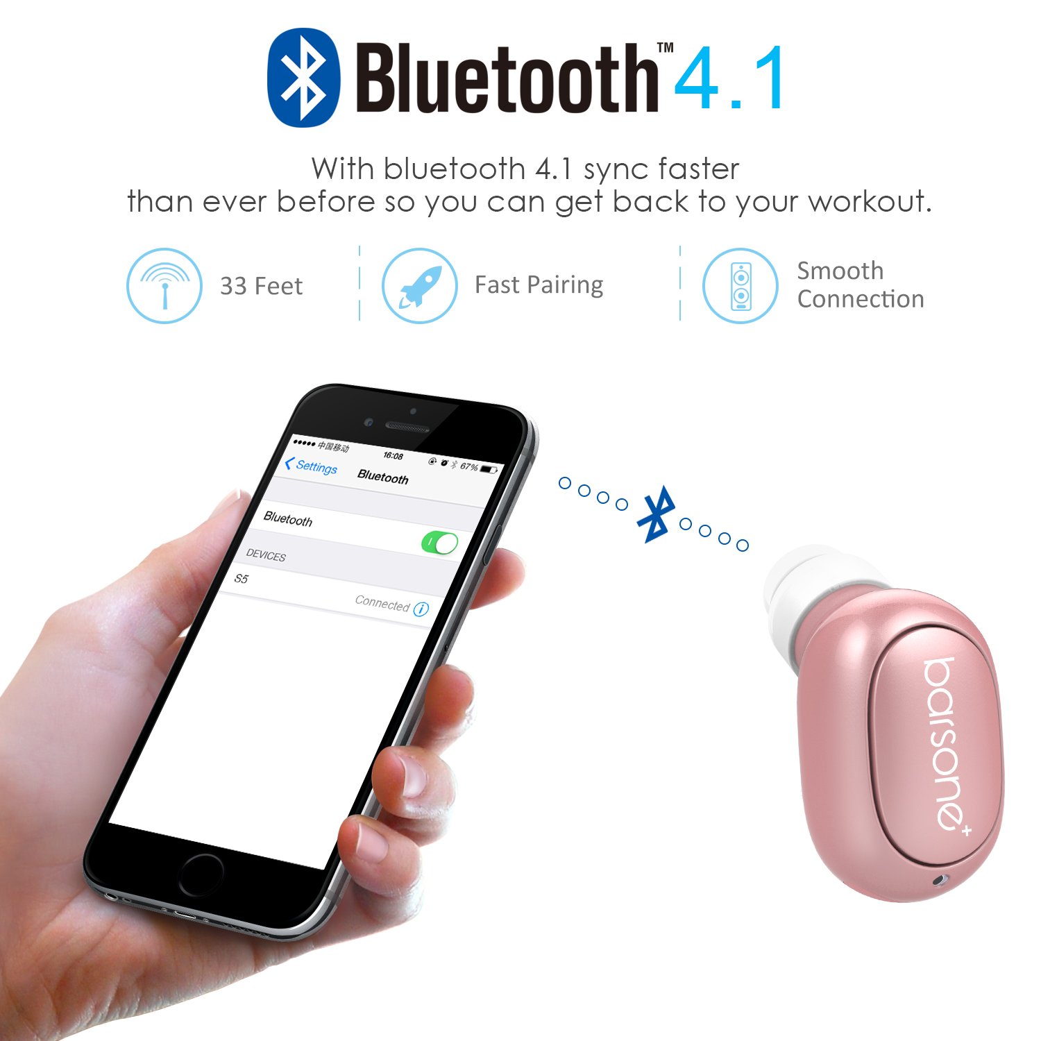 Bluetooth Earbud, Barsone Mini Bluetooth Earpiece Wireless Earphones Handsfree with Mic, In-ear Mini Bluetooth Ultra Light Headphones For IPhone Samsung and Any Other Smartphones (Rose gold)