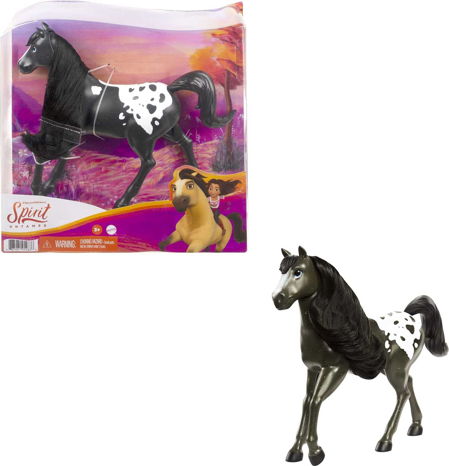 Mattel Spirit Untamed Herd Horse (Approx. 8-in), Moving Head, Black Pinto with Long Black Mane & Playful Stance, Great Gift for Horse Fans Ages 3 Years Old & Up