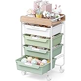 SYKIARIOL Rolling Storage Utility Cart with 4 Drawers,Kids Craft Art Cart,Makeup Organizer and Storage with Wooden Tabletop,Green