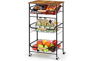 HEOMU 4 Tier Rolling Kitchen Storage Cart, Metal Snack Cart with Wheels, Kitchen Cart with Drawers for Kitchen, Bathroom, Living Room, Bar, Office, Black