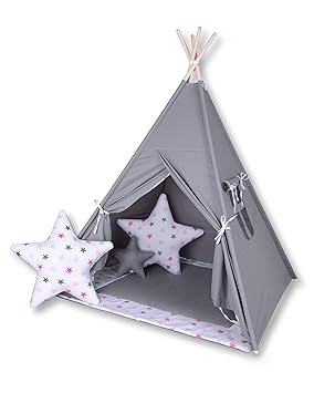 Amilian® Tipi Spielzelt Zelt für Kinder T43 (Spielzelt mit Tipidecke/mit 3 x Sternkissen)