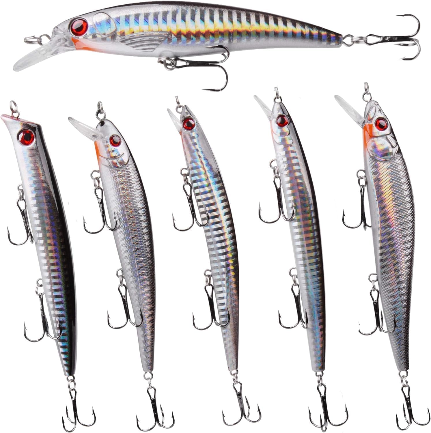 Topwater Sea Fishing Lures Kit,6pcs Surf Fishing Jerbaits Striped Bass Lure Hard Minnow Lures Deep Diving Popper Plugs Casting Sinking Crankbait SeaBass Inshore Offshore Saltwater Gear Tackle
