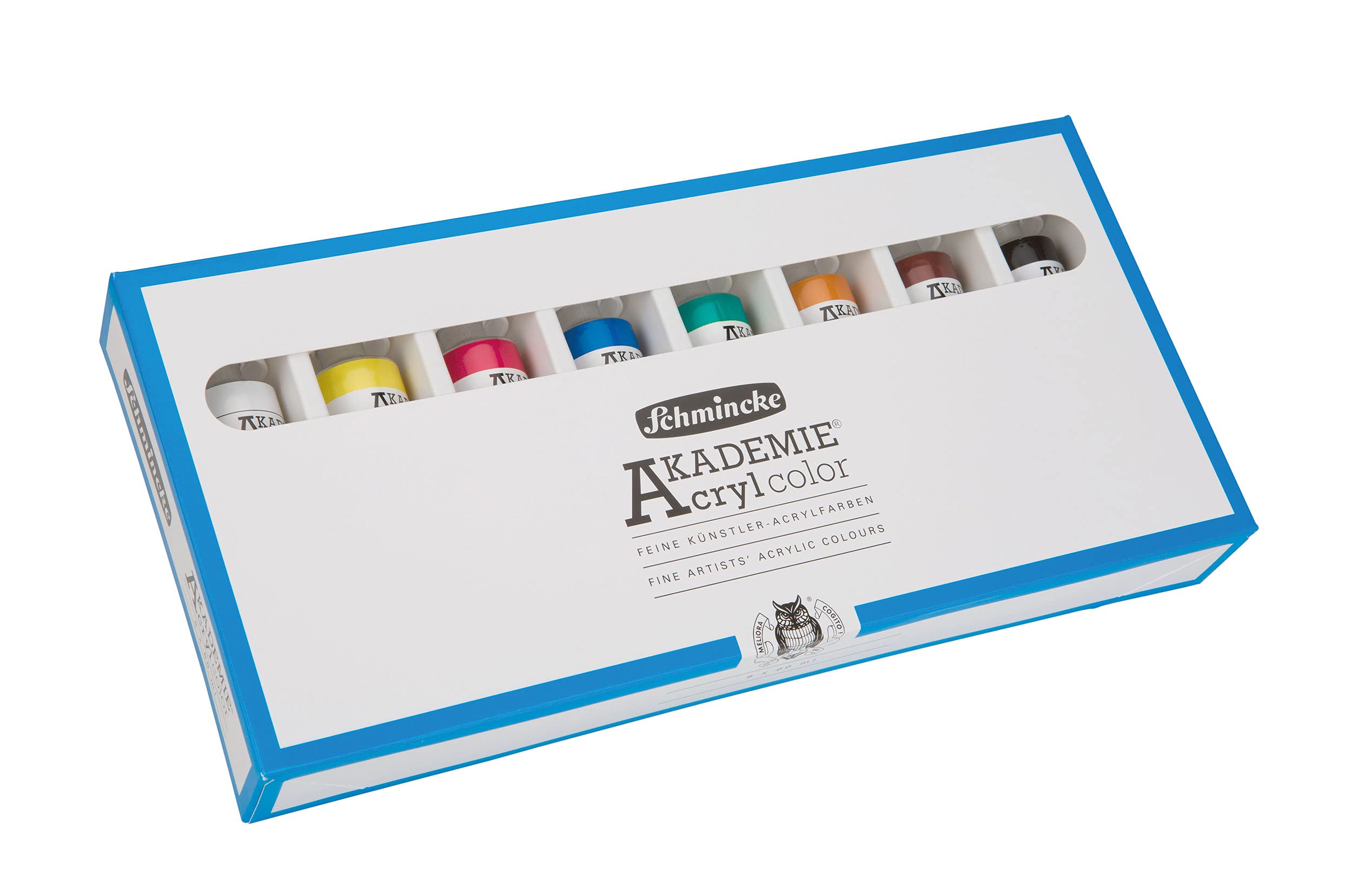 Schmincke - AKADEMIE® Acryl color, basic assortment 8 x 60 ml tubes, 76 011 097, cardboard set, brilliant, highly lightfast colours, cadmium-free, fine artists' acrylics