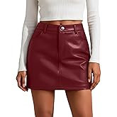 Oakgarden Women's Faux Leather Mini Skirt with Pockets, High Waisted Bodycon Stretch Zipper Button Fitted A-Line Party Skirt