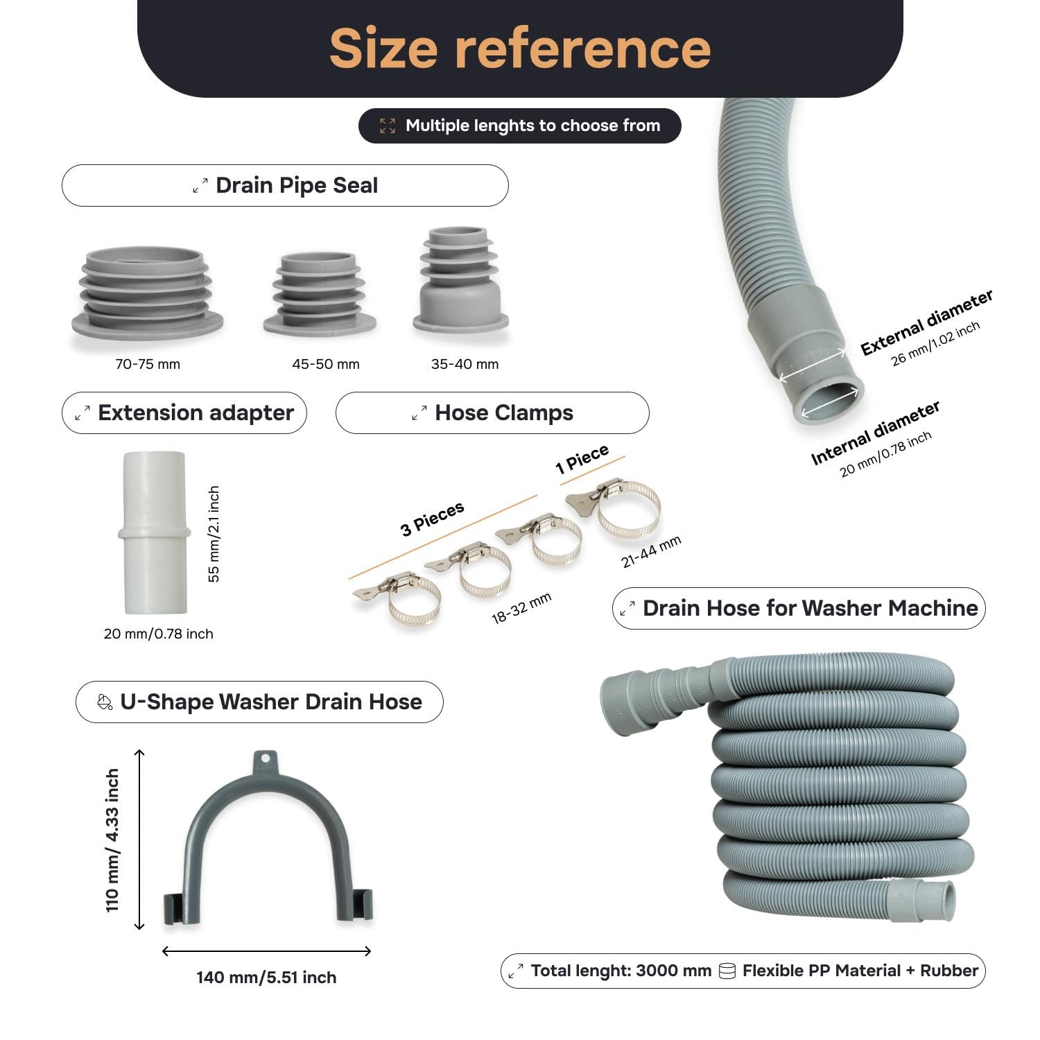 10FT Washing Machine Drain Hose - Flexible Dishwasher Hose Extension Kit, Universal Washer Corrugated with 1Adapter 4Clamps, U-Bend Holder, 3Drain Pipe Seal, Dishwasher Drain Hose, Washer Machine Hose
