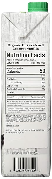 PACIFIC FOODS ORGANIC COCONUT UNSWEETENED VANILLA PLANT-BASED MILK, 32 FL OZ